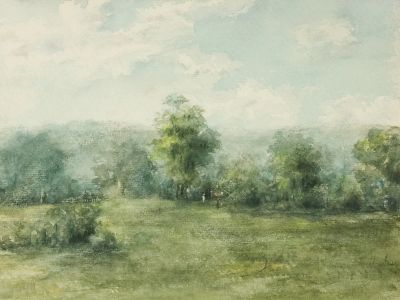 A Painting Of A Grassy Field With Trees