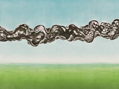 A Painting Of A Green Field With A Blue Sky In The