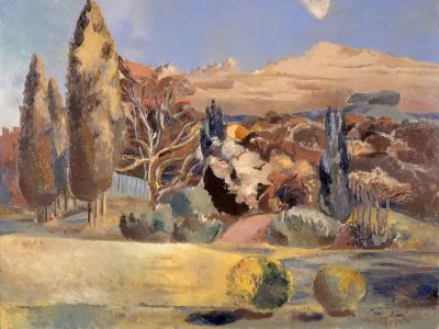 A Painting Of A Landscape With Trees And Mountains In The