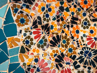 Blue Orange And White Floral Textile