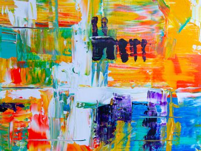 Woman In Black Dress Standing On Multi Colored Abstract