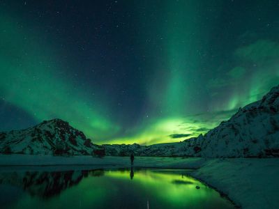 Snow Mountain With Aurora Borealis